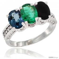 14K White Gold Natural London Blue Topaz, Emerald & Black Onyx Ring 3-Stone 7x5 mm Oval Diamond Accent