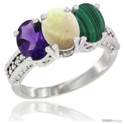 10K White Gold Natural Amethyst, Opal & Malachite Ring 3-Stone Oval 7x5 mm Diamond Accent