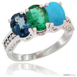 14K White Gold Natural London Blue Topaz, Emerald & Turquoise Ring 3-Stone 7x5 mm Oval Diamond Accent