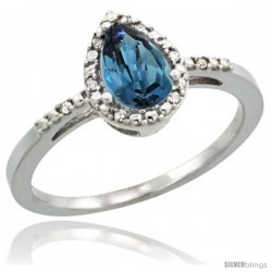 14k White Gold Diamond London Blue Topaz Ring 0.59 ct Tear Drop 7x5 Stone 3/8 in wide