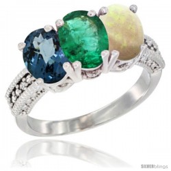 14K White Gold Natural London Blue Topaz, Emerald & Opal Ring 3-Stone 7x5 mm Oval Diamond Accent