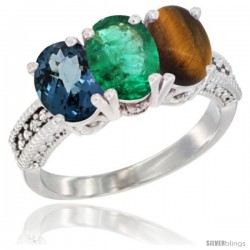 14K White Gold Natural London Blue Topaz, Emerald & Tiger Eye Ring 3-Stone 7x5 mm Oval Diamond Accent