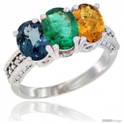 14K White Gold Natural London Blue Topaz, Emerald & Whisky Quartz Ring 3-Stone 7x5 mm Oval Diamond Accent