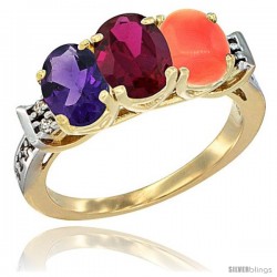 10K Yellow Gold Natural Amethyst, Ruby & Coral Ring 3-Stone Oval 7x5 mm Diamond Accent