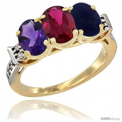 10K Yellow Gold Natural Amethyst, Ruby & Lapis Ring 3-Stone Oval 7x5 mm Diamond Accent