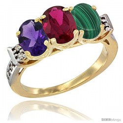 10K Yellow Gold Natural Amethyst, Ruby & Malachite Ring 3-Stone Oval 7x5 mm Diamond Accent