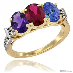 10K Yellow Gold Natural Amethyst, Ruby & Tanzanite Ring 3-Stone Oval 7x5 mm Diamond Accent