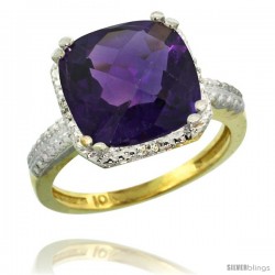 10k Yellow Gold Diamond Amethyst Ring 5.94 ct Checkerboard Cushion 11 mm Stone 1/2 in wide