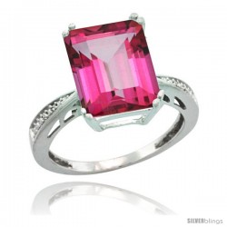 Sterling Silver Diamond Natural Pink Topaz Ring 5.83 ct Emerald Shape 12x10 Stone 1/2 in wide -Style Cwg06149