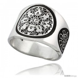 Sterling Silver Aztec Calendar Men's Ring Mayan Sun Sides, 18mm wide