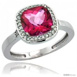 Sterling Silver Diamond Natural Pink Topaz Ring 2.08 ct Checkerboard Cushion 8mm Stone 1/2.08 in wide