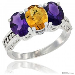 10K White Gold Natural Whisky Quartz & Amethyst Sides Ring 3-Stone Oval 7x5 mm Diamond Accent