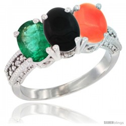 14K White Gold Natural Emerald, Black Onyx & Coral Ring 3-Stone 7x5 mm Oval Diamond Accent