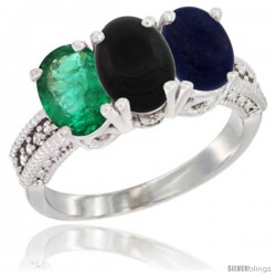 14K White Gold Natural Emerald, Black Onyx & Lapis Ring 3-Stone 7x5 mm Oval Diamond Accent