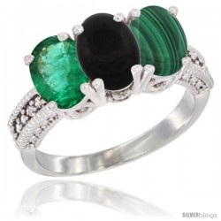 14K White Gold Natural Emerald, Black Onyx & Malachite Ring 3-Stone 7x5 mm Oval Diamond Accent