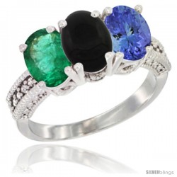 14K White Gold Natural Emerald, Black Onyx & Tanzanite Ring 3-Stone 7x5 mm Oval Diamond Accent