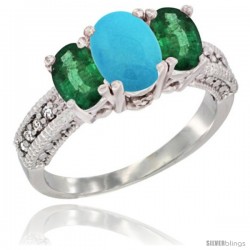 14k White Gold Ladies Oval Natural Turquoise 3-Stone Ring with Emerald Sides Diamond Accent