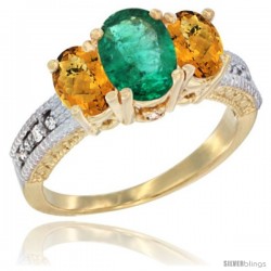 10K Yellow Gold Ladies Oval Natural Emerald 3-Stone Ring with Whisky Quartz Sides Diamond Accent