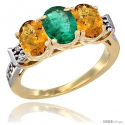 10K Yellow Gold Natural Emerald & Whisky Quartz Sides Ring 3-Stone Oval 7x5 mm Diamond Accent