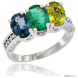 14K White Gold Natural London Blue Topaz, Emerald & Lemon Quartz Ring 3-Stone 7x5 mm Oval Diamond Accent