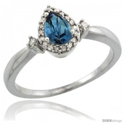 14k White Gold Diamond London Blue Topaz Ring 0.33 ct Tear Drop 6x4 Stone 3/8 in wide