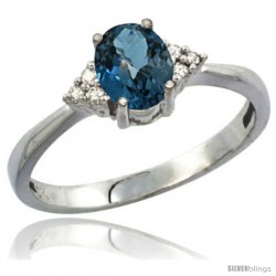 14k White Gold Ladies Natural London Blue Topaz Ring oval 7x5 Stone Diamond Accent