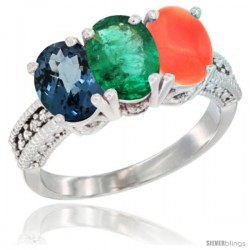 14K White Gold Natural London Blue Topaz, Emerald & Coral Ring 3-Stone 7x5 mm Oval Diamond Accent