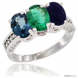 14K White Gold Natural London Blue Topaz, Emerald & Lapis Ring 3-Stone 7x5 mm Oval Diamond Accent