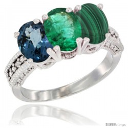 14K White Gold Natural London Blue Topaz, Emerald & Malachite Ring 3-Stone 7x5 mm Oval Diamond Accent