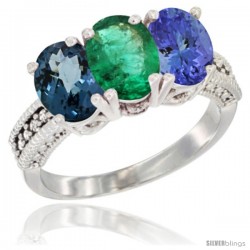 14K White Gold Natural London Blue Topaz, Emerald & Tanzanite Ring 3-Stone 7x5 mm Oval Diamond Accent