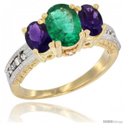 10K Yellow Gold Ladies Oval Natural Emerald 3-Stone Ring with Amethyst Sides Diamond Accent