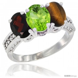 14K White Gold Natural Garnet, Peridot & Tiger Eye Ring 3-Stone 7x5 mm Oval Diamond Accent