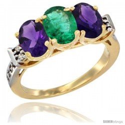 10K Yellow Gold Natural Emerald & Amethyst Sides Ring 3-Stone Oval 7x5 mm Diamond Accent