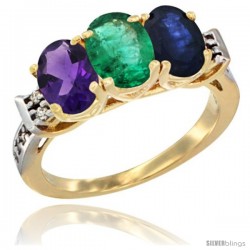 10K Yellow Gold Natural Amethyst, Emerald & Blue Sapphire Ring 3-Stone Oval 7x5 mm Diamond Accent