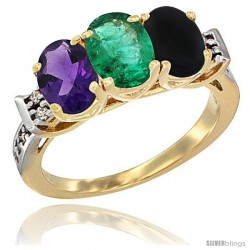 10K Yellow Gold Natural Amethyst, Emerald & Black Onyx Ring 3-Stone Oval 7x5 mm Diamond Accent