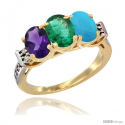 10K Yellow Gold Natural Amethyst, Emerald & Turquoise Ring 3-Stone Oval 7x5 mm Diamond Accent