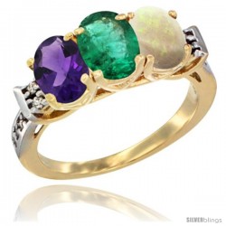 10K Yellow Gold Natural Amethyst, Emerald & Opal Ring 3-Stone Oval 7x5 mm Diamond Accent