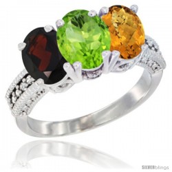 14K White Gold Natural Garnet, Peridot & Whisky Quartz Ring 3-Stone 7x5 mm Oval Diamond Accent