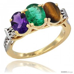 10K Yellow Gold Natural Amethyst, Emerald & Tiger Eye Ring 3-Stone Oval 7x5 mm Diamond Accent