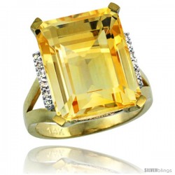 14k Yellow Gold Diamond Citrine Ring 12 ct Emerald Cut 16x12 stone 3/4 in wide