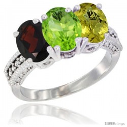 14K White Gold Natural Garnet, Peridot & Lemon Quartz Ring 3-Stone 7x5 mm Oval Diamond Accent