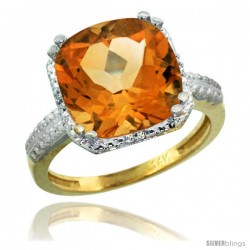 14k Yellow Gold Diamond Citrine Ring 5.94 ct Checkerboard Cushion 11 mm Stone 1/2 in wide