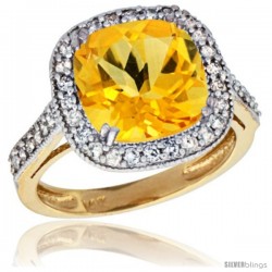 14k Yellow Gold Diamond Halo Citrine Ring Checkerboard Cushion 9 mm 2.4 ct 1/2 in wide