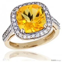 14k Yellow Gold Diamond Halo Citrine Ring Cushion Shape 10 mm 4.5 ct 1/2 in wide