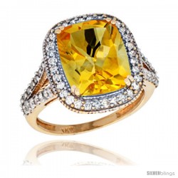 14k Yellow Gold Diamond Halo Citrine Ring Checkerboard Cushion 12x10 4.8 ct 3/4 in wide