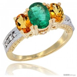 14k Yellow Gold Ladies Oval Natural Emerald 3-Stone Ring with Citrine Sides Diamond Accent