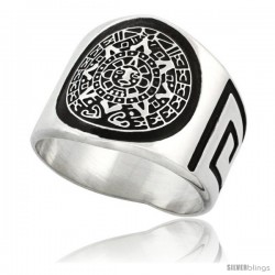 Sterling Silver Men's Aztec Calendar Ring Greek Key Pattern Sides, 18mm wide