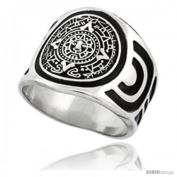 Sterling Silver Aztec Calendar Mayan Sun Men's Ring Aztec Design Sides, 18mm wide