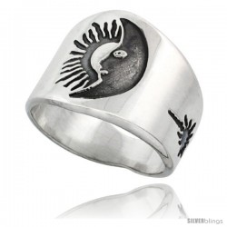 Sterling Silver Sun & Moon Men's Ring with Sunburst Design Sides, 17mm wide