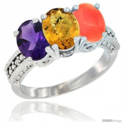 10K White Gold Natural Amethyst, Whisky Quartz & Coral Ring 3-Stone Oval 7x5 mm Diamond Accent